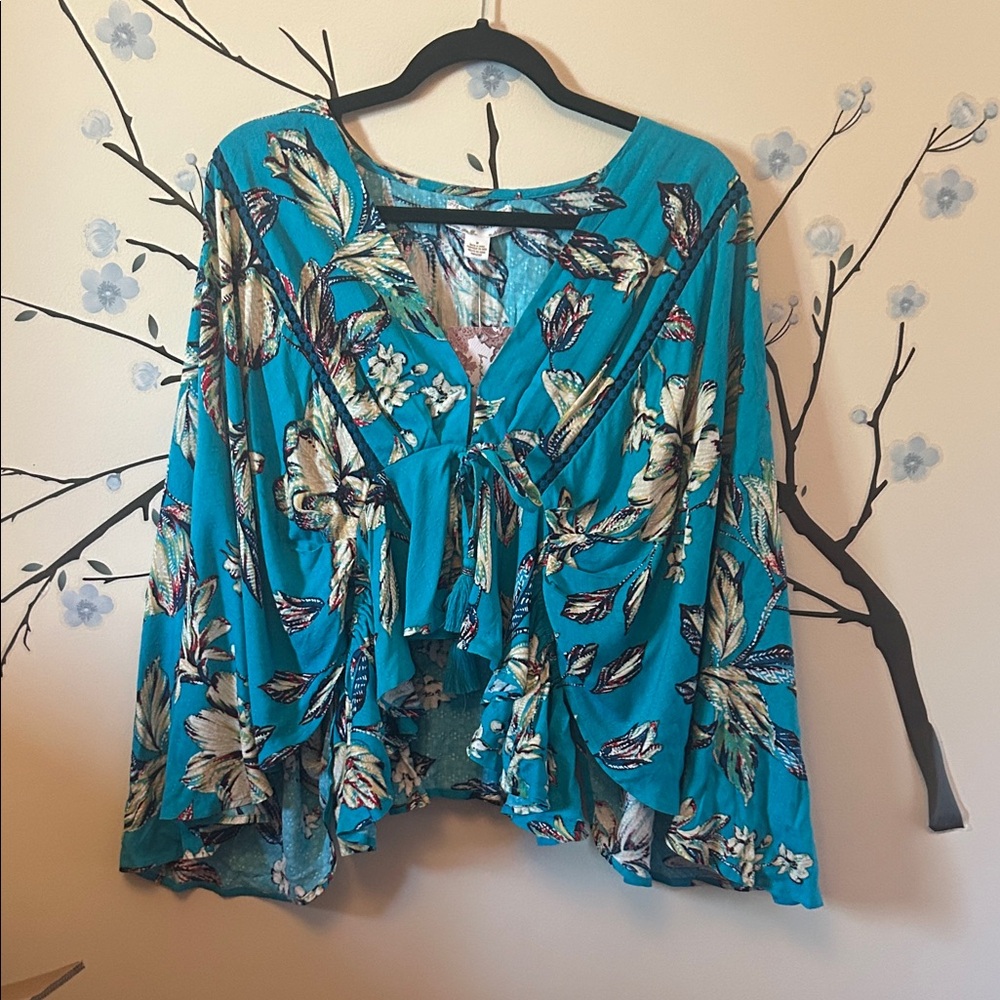 Bright Teal Floral Tie-Front Women’s Top